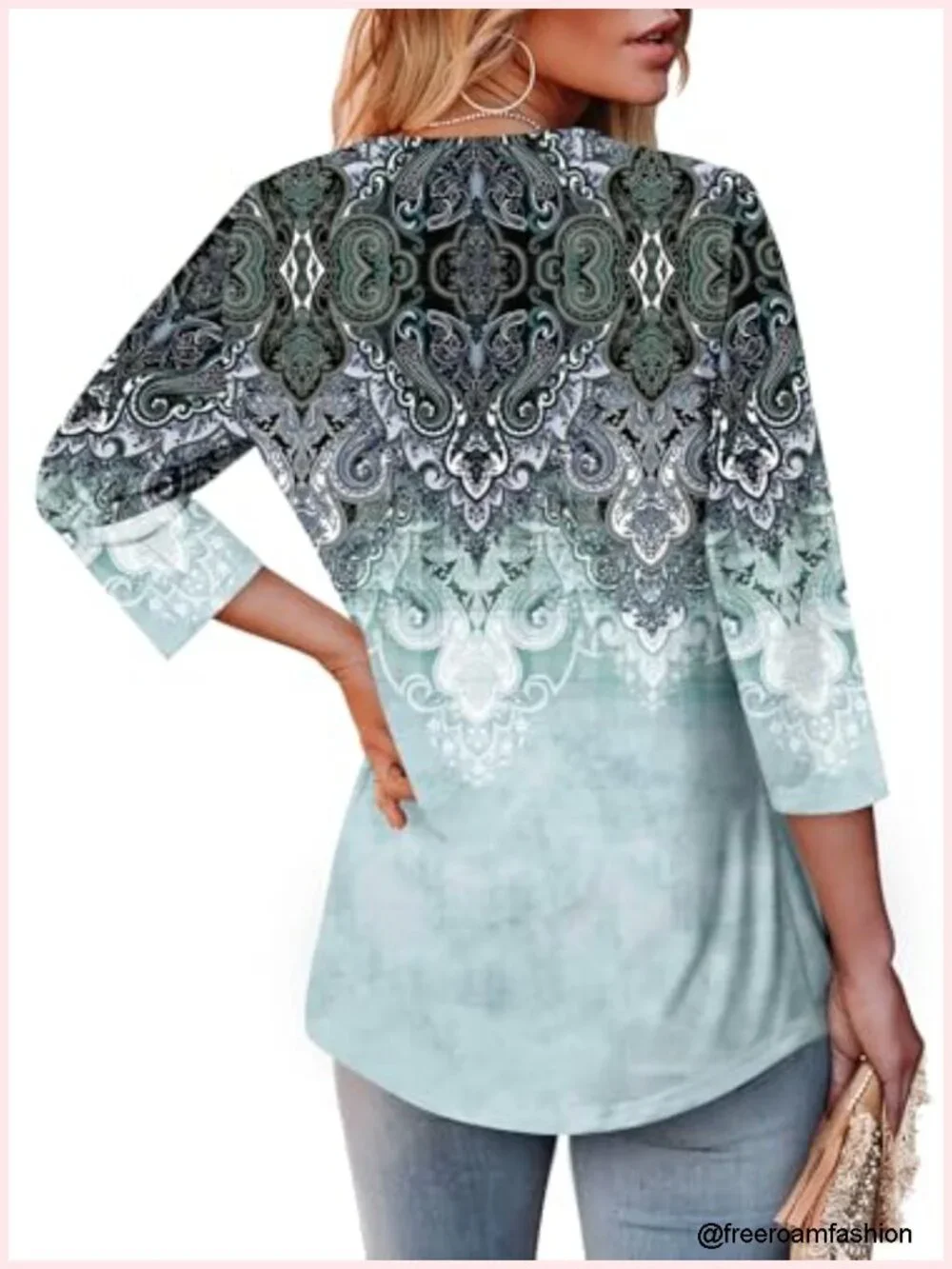 3/4 Sleeve Tunic Top Flowy Ruffle U-Neck Lightweight